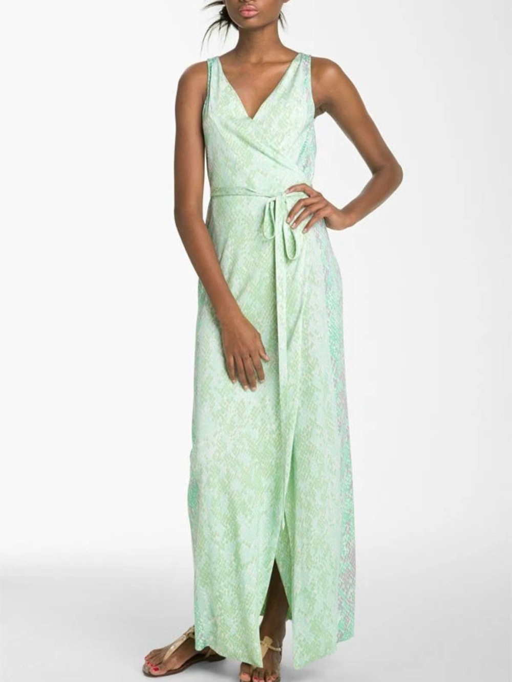 Diane Von Furstenberg Mint Green Snake Print Wrap Maxi Dress